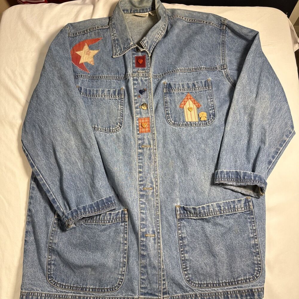 Vintage Embroidered Patchwork Denim Chore Coat L Jacket Cottagecore Country